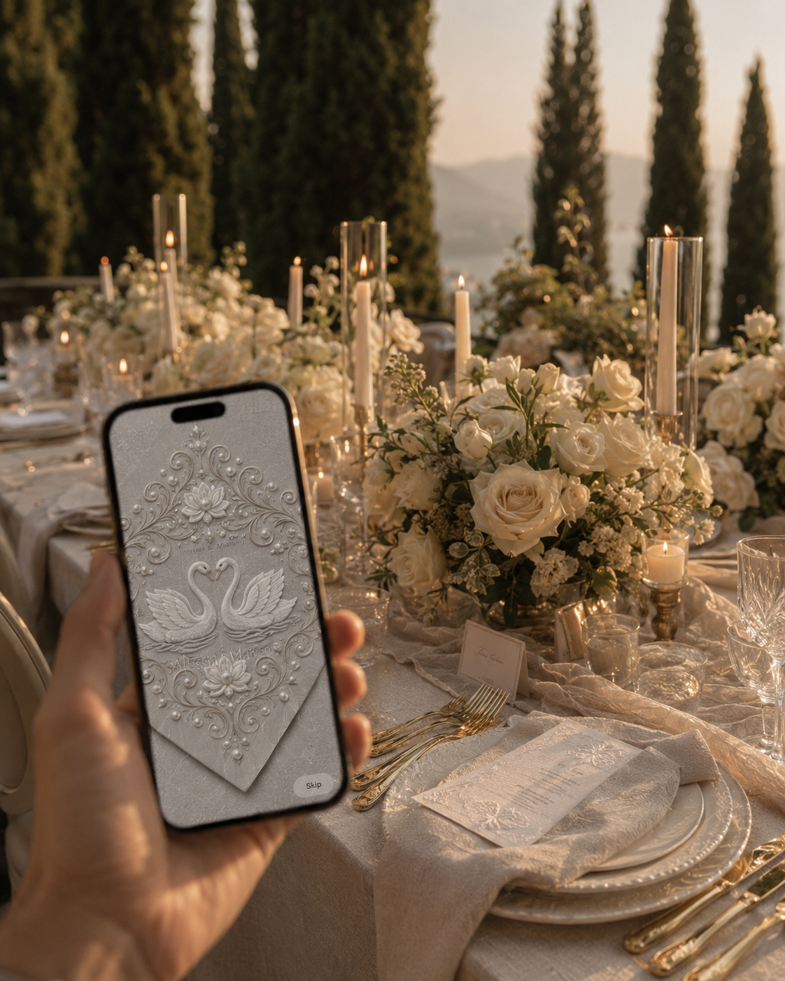 Invitation digitale de mariage affichée sur un smartphone devant une table de réception fleurie