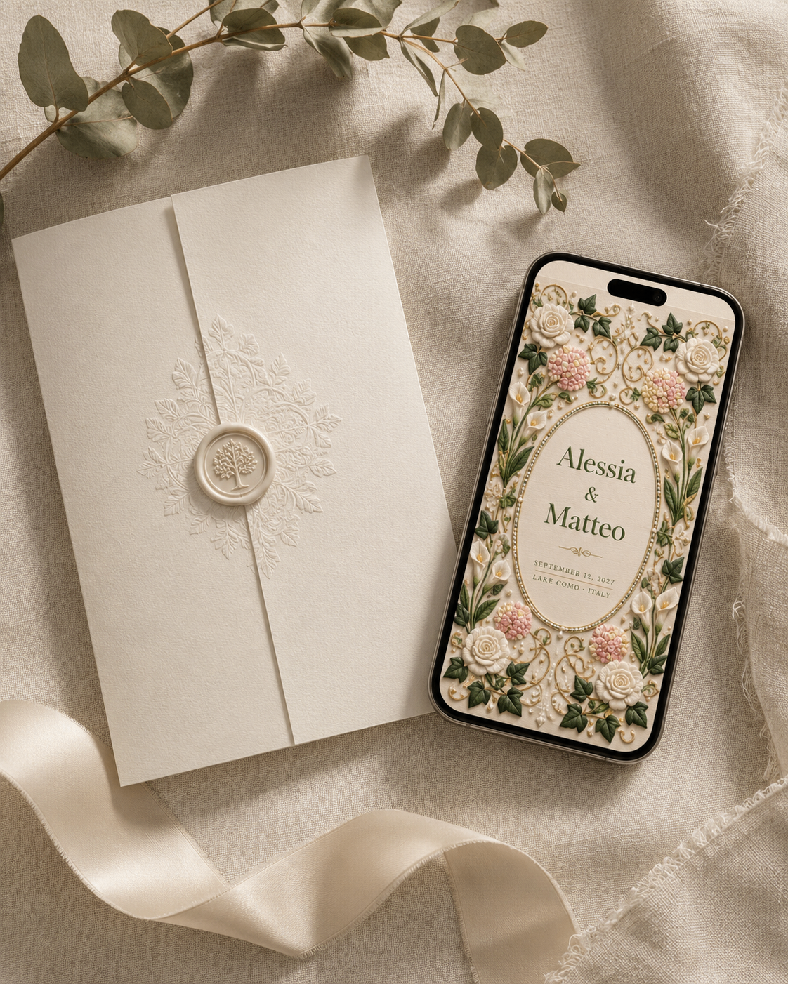 Faire-part papier et invitation digitale florale affichée sur un smartphone