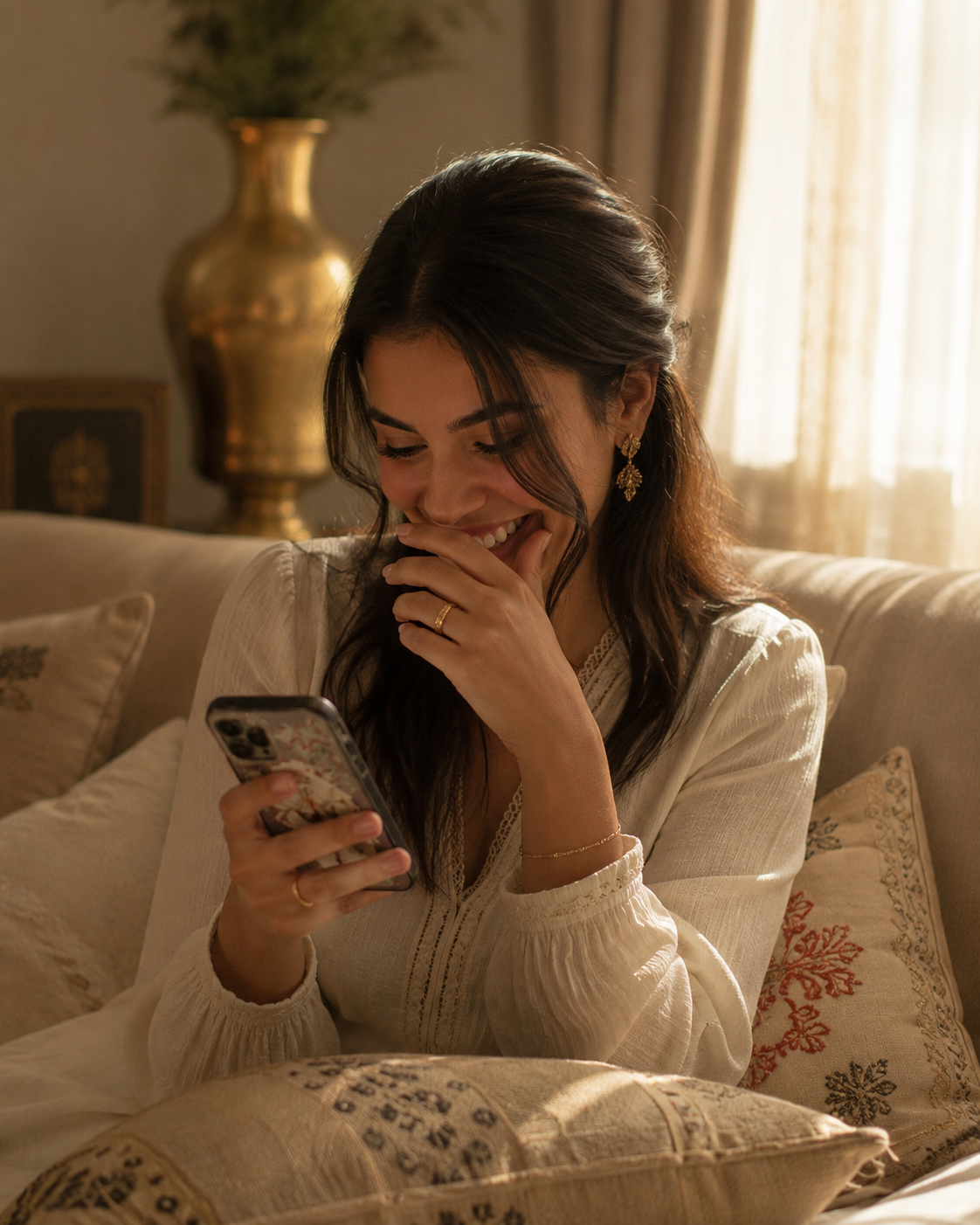 Jeune femme découvrant une invitation digitale de mariage sur son téléphone