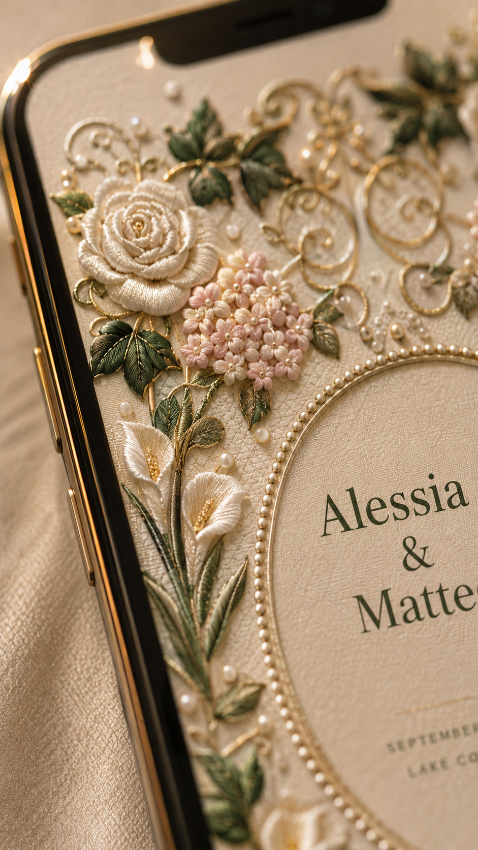 Détail brodé et doré d’une invitation digitale de mariage sur écran